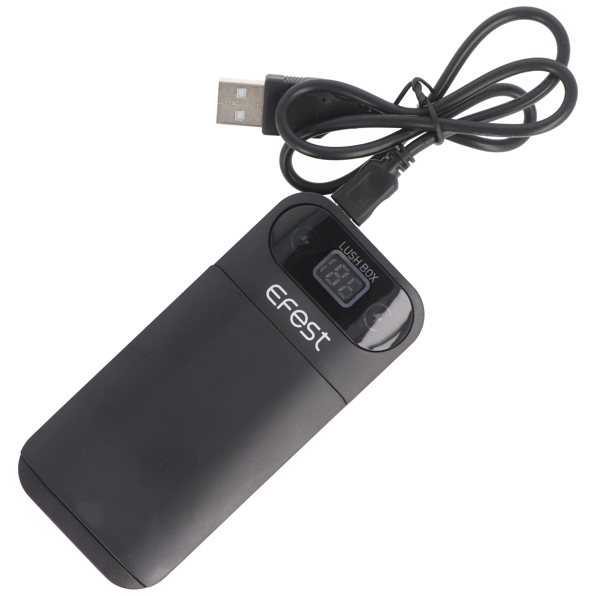 Schwarzes Efest Lush Box Vape-Gerät mit USB-Kabel und Digitalanzeige.