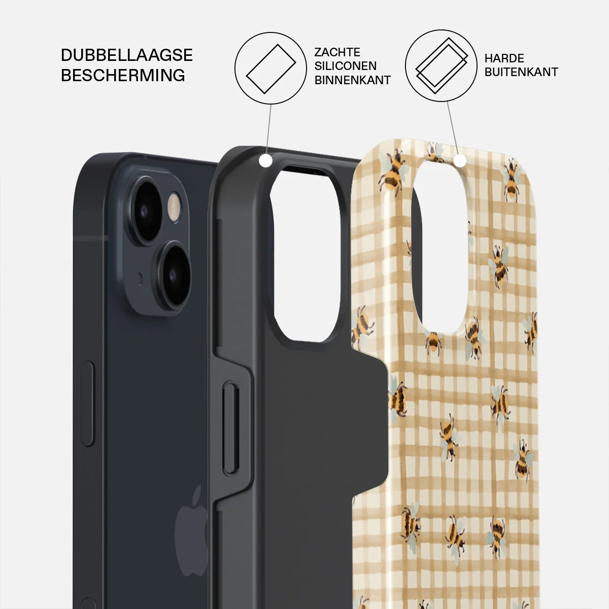 A phone case with a bee pattern and dual-layer protection.