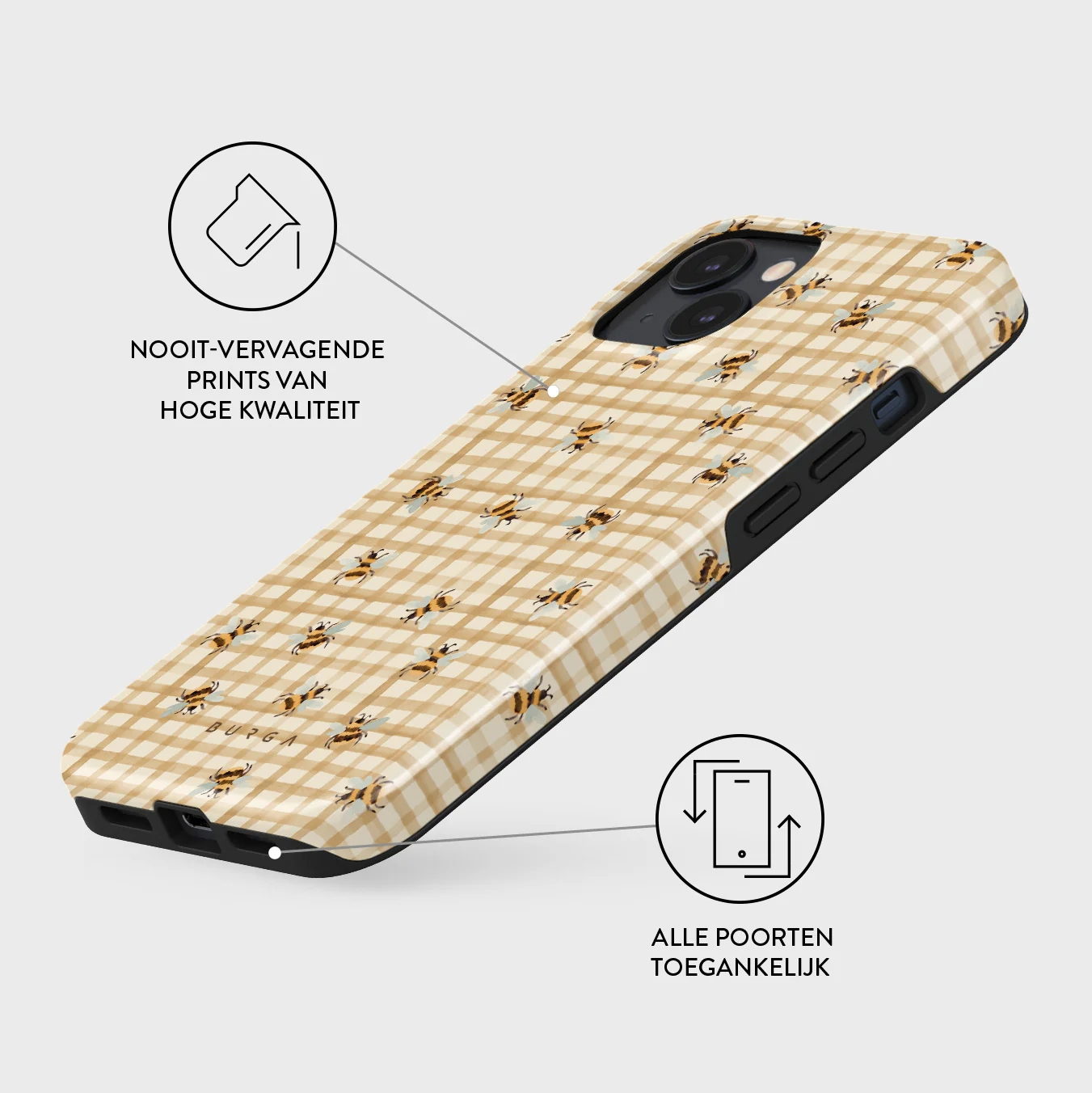 A phone case with a bee pattern on a checkered background.