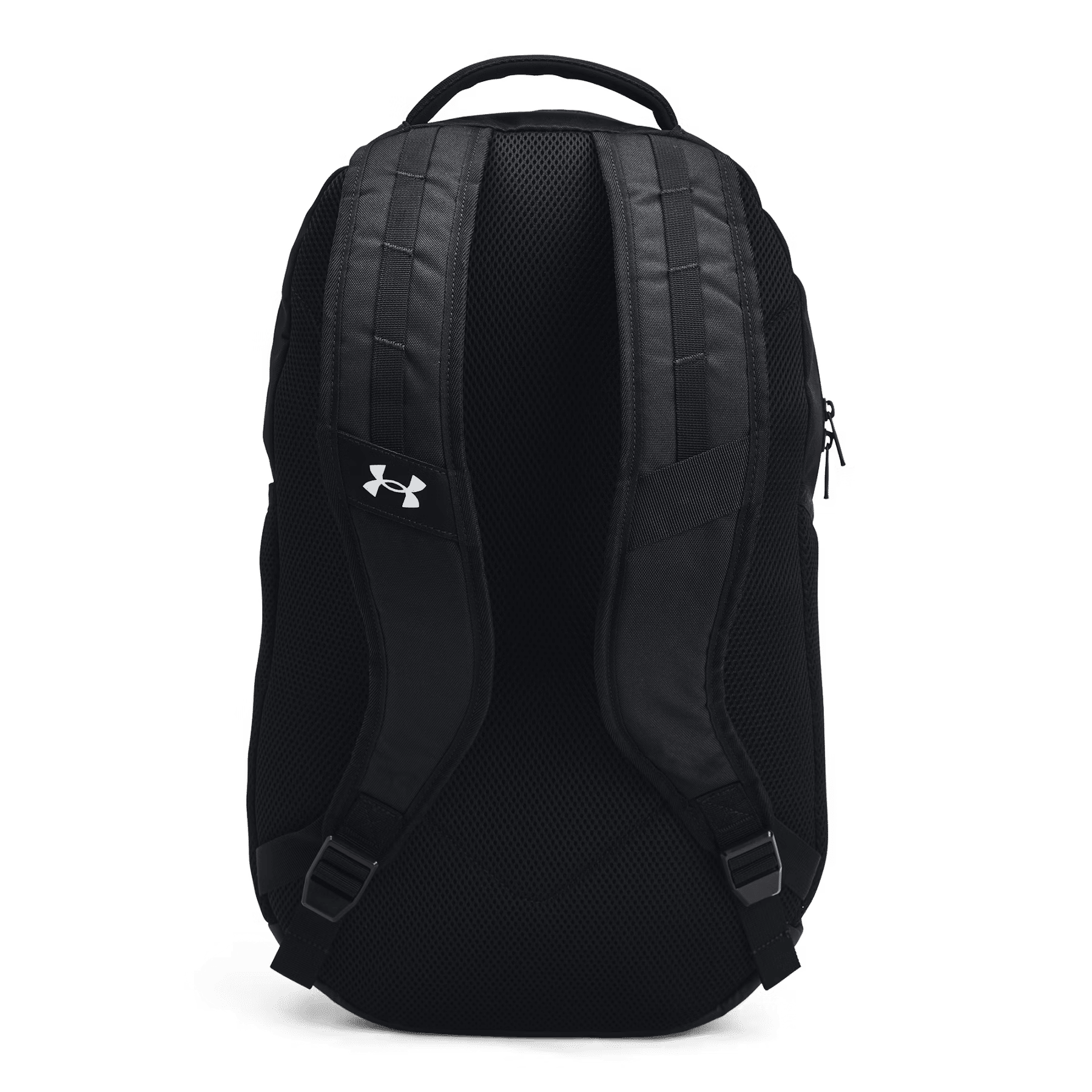 Schwarzer Rucksack mit gepolsterten Gurten und Mesh-Rücken.