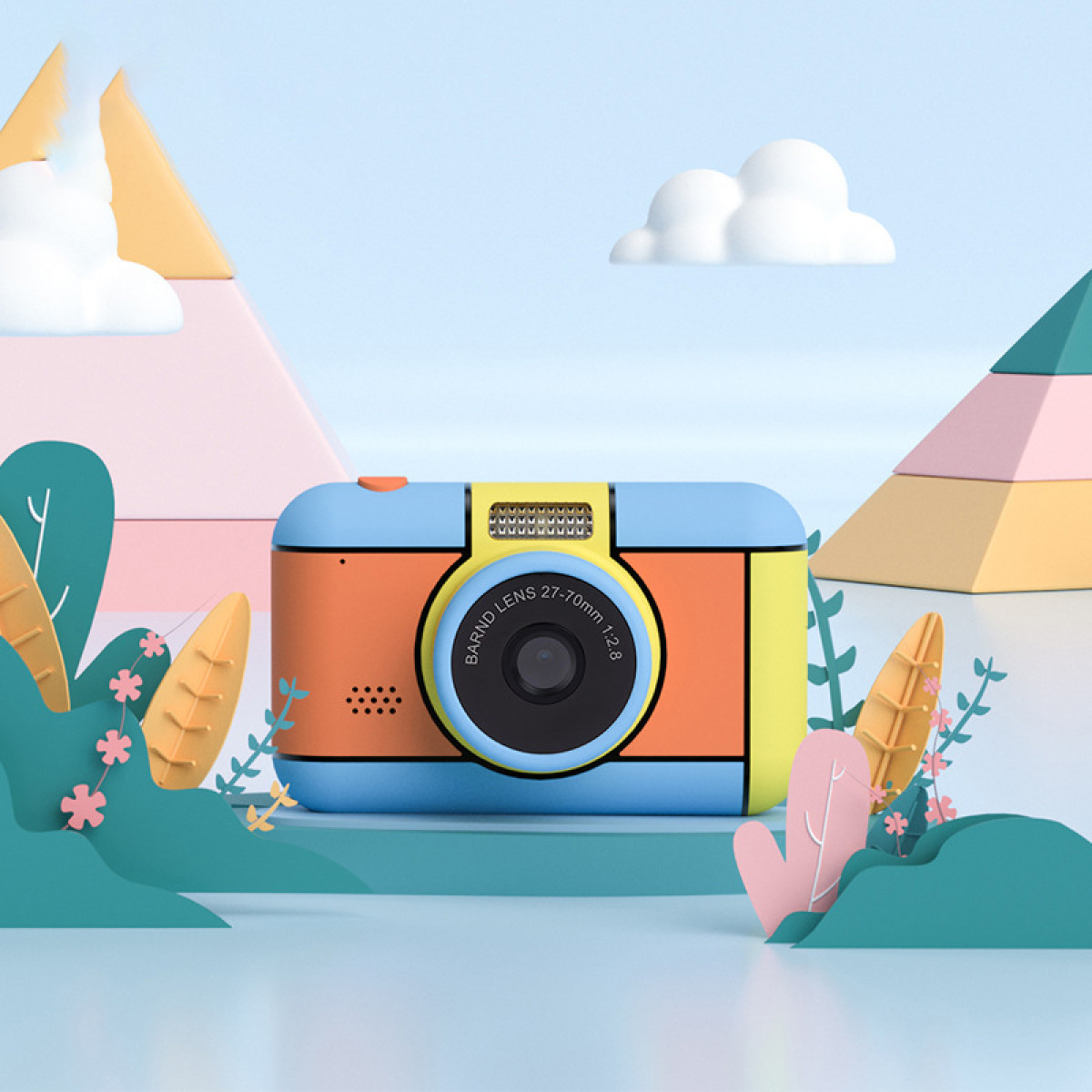 Eine bunte Kinderkamera mit orangefarbenem Gehäuse und blauen Akzenten, umgeben von stilisierten Pflanzen und Bergen.
