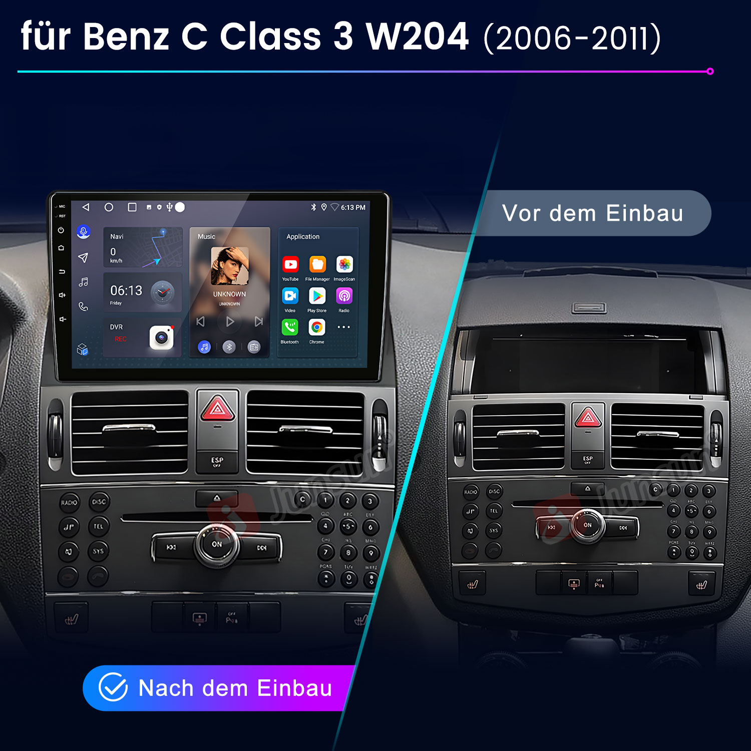Vergleich: Benz C-Klasse W204 Infotainmentsystem vor und nach Einbau.