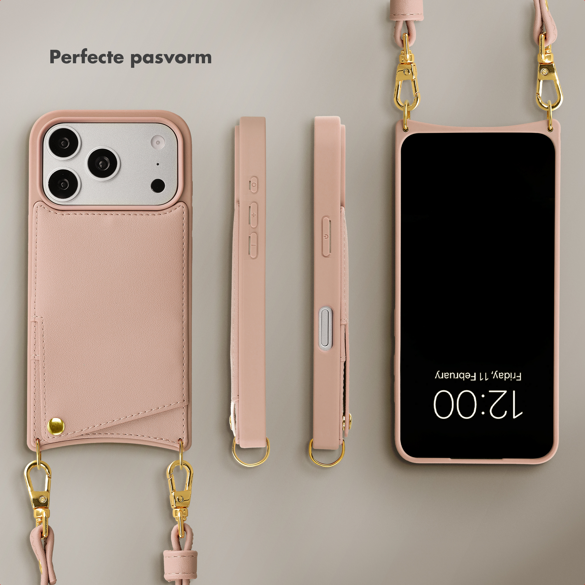 Ein rosafarbenes Handycover mit Kartenfach und goldenen Beschlägen.