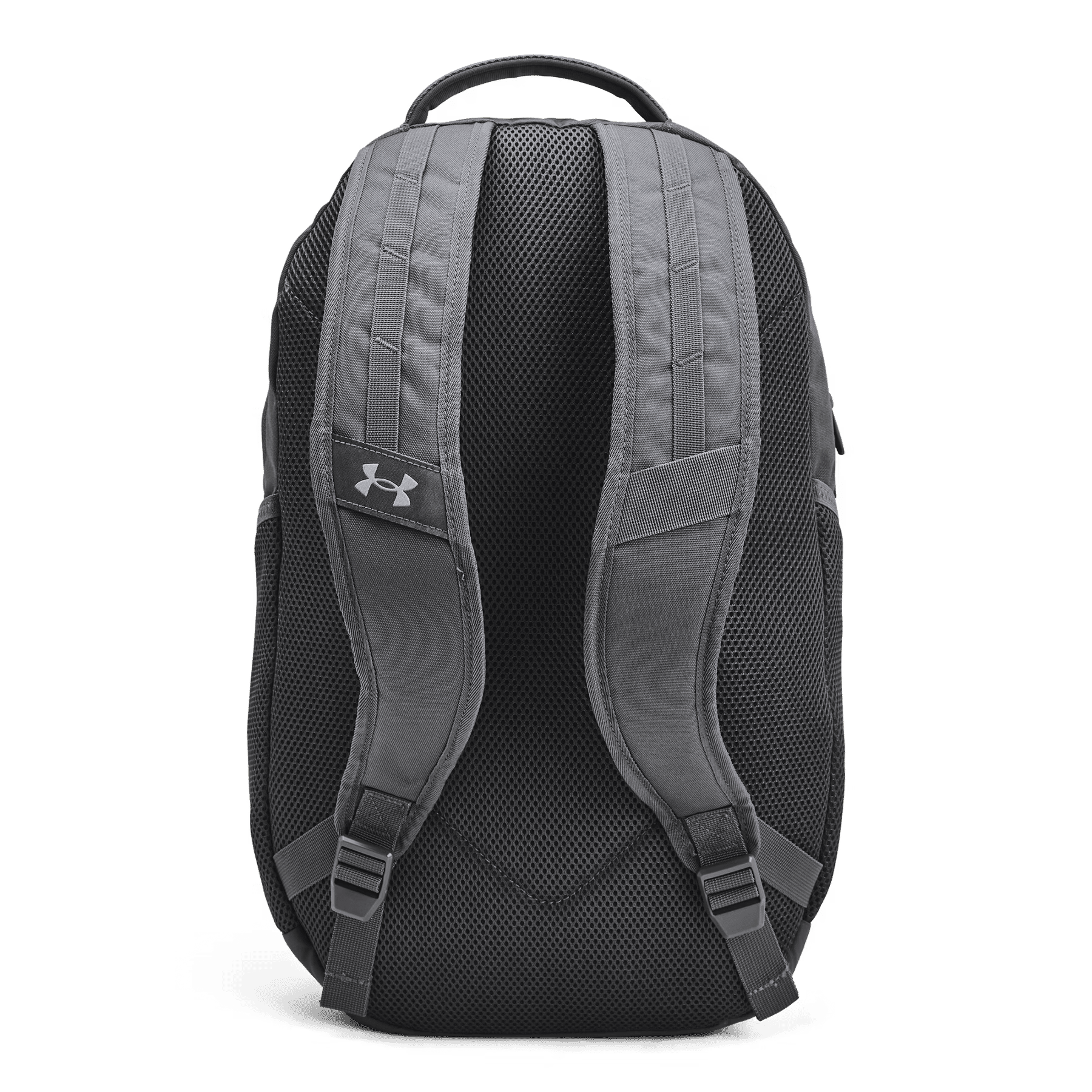 Rückansicht eines grauen Rucksacks mit gepolsterten Gurten und
Netzgewebe auf weißem Grund.
