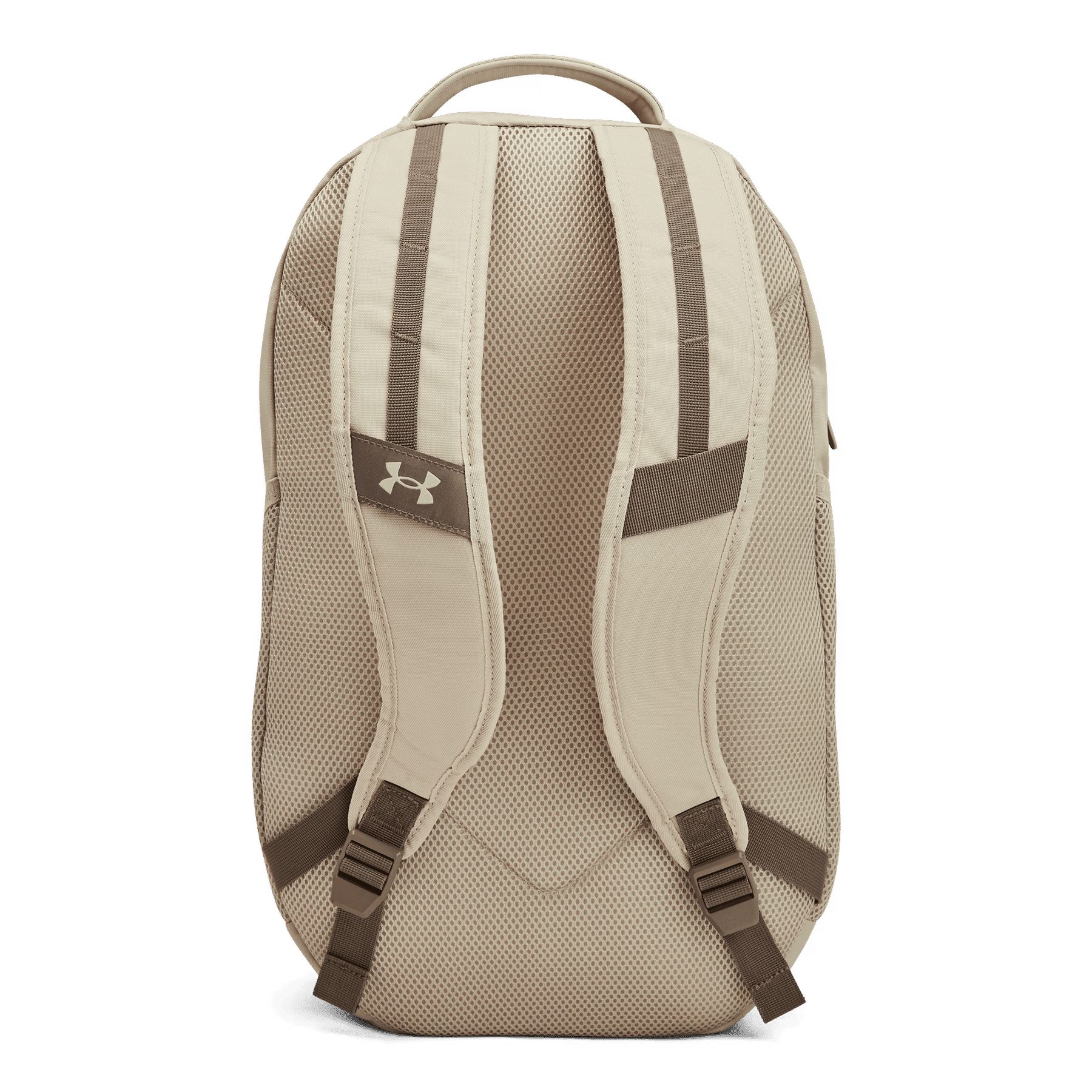 Rückseite eines hellbeigen Rucksacks mit gepolsterten Trägern und Netzgewebe.