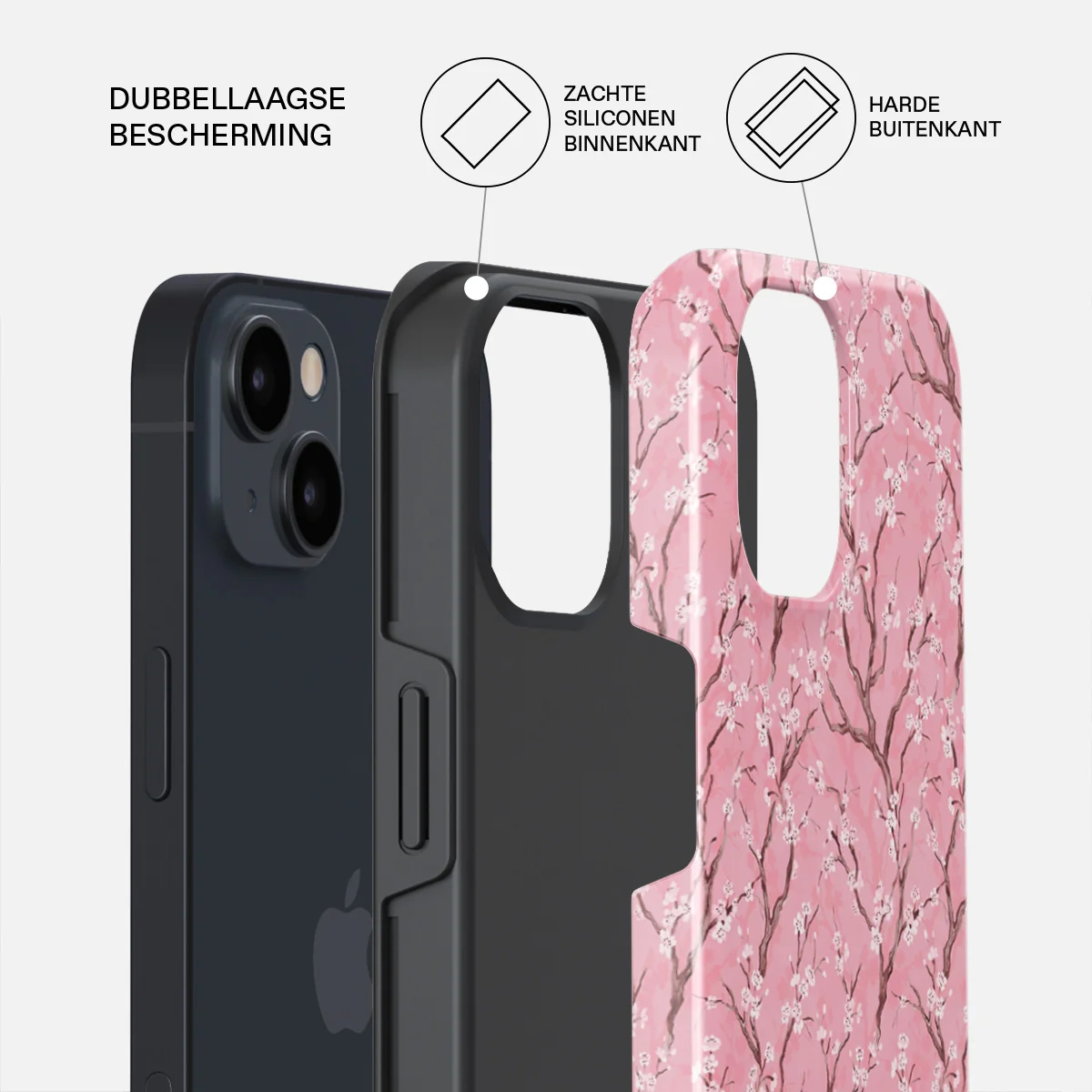 Dubbellaagse telefoonhoes met kersenbloesempatroon en zachte binnenkant.