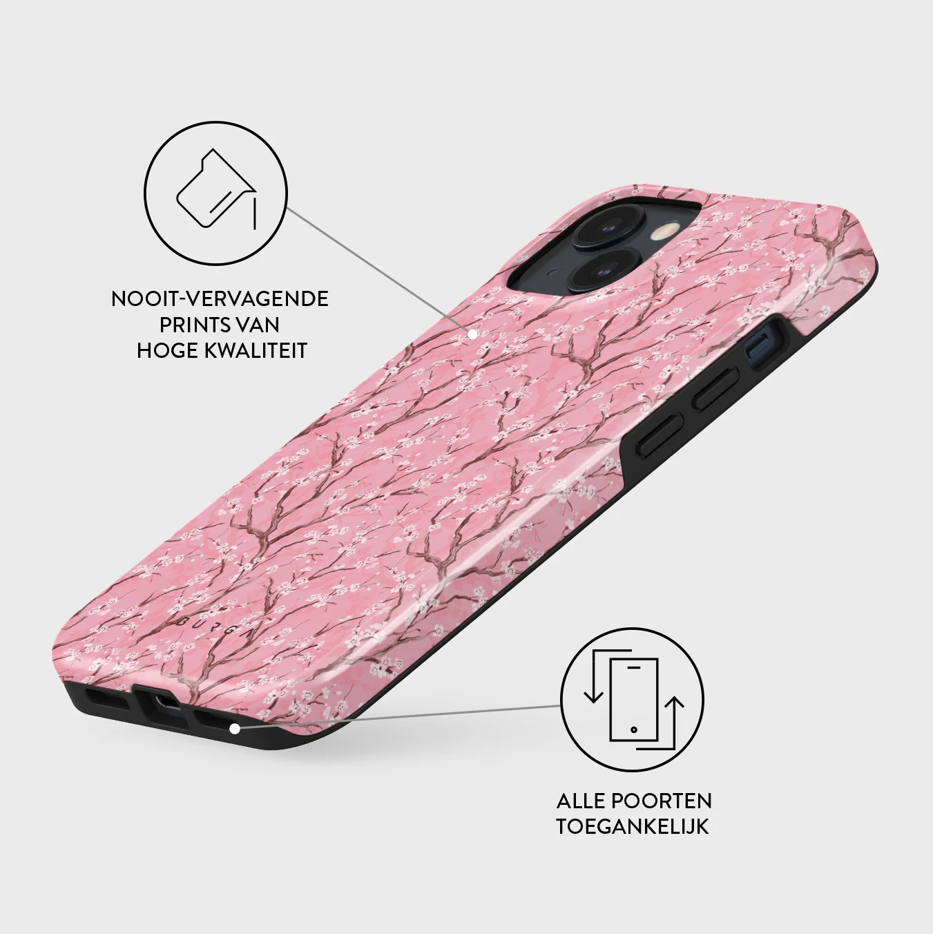 Een roze telefoonhoesje met kersenbloesempatroon, liggend.