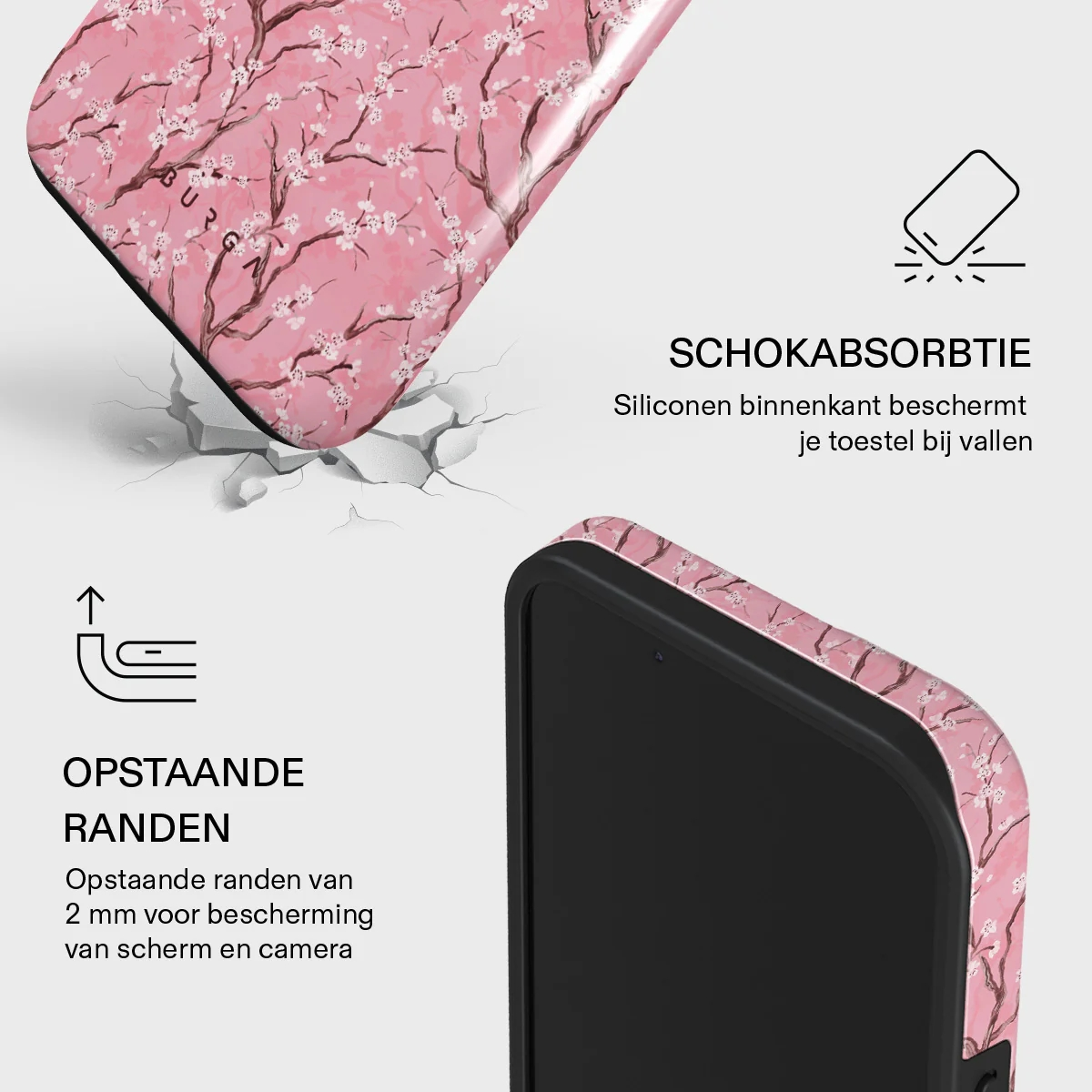 Telefoonhoesje met kersenbloesem, schokabsorberend en verhoogde randen.