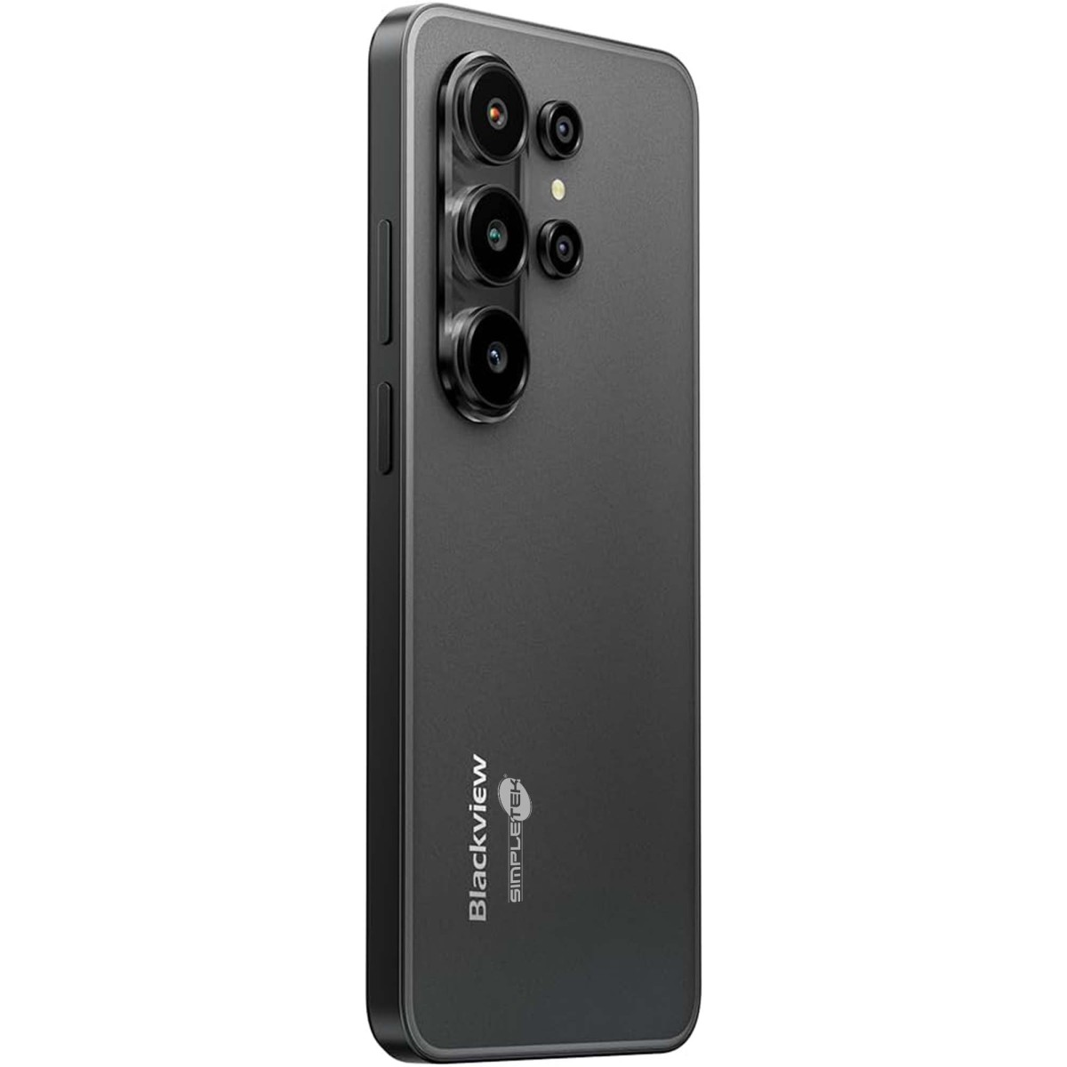 Uno smartphone nero con quattro obiettivi e il logo sul retro.