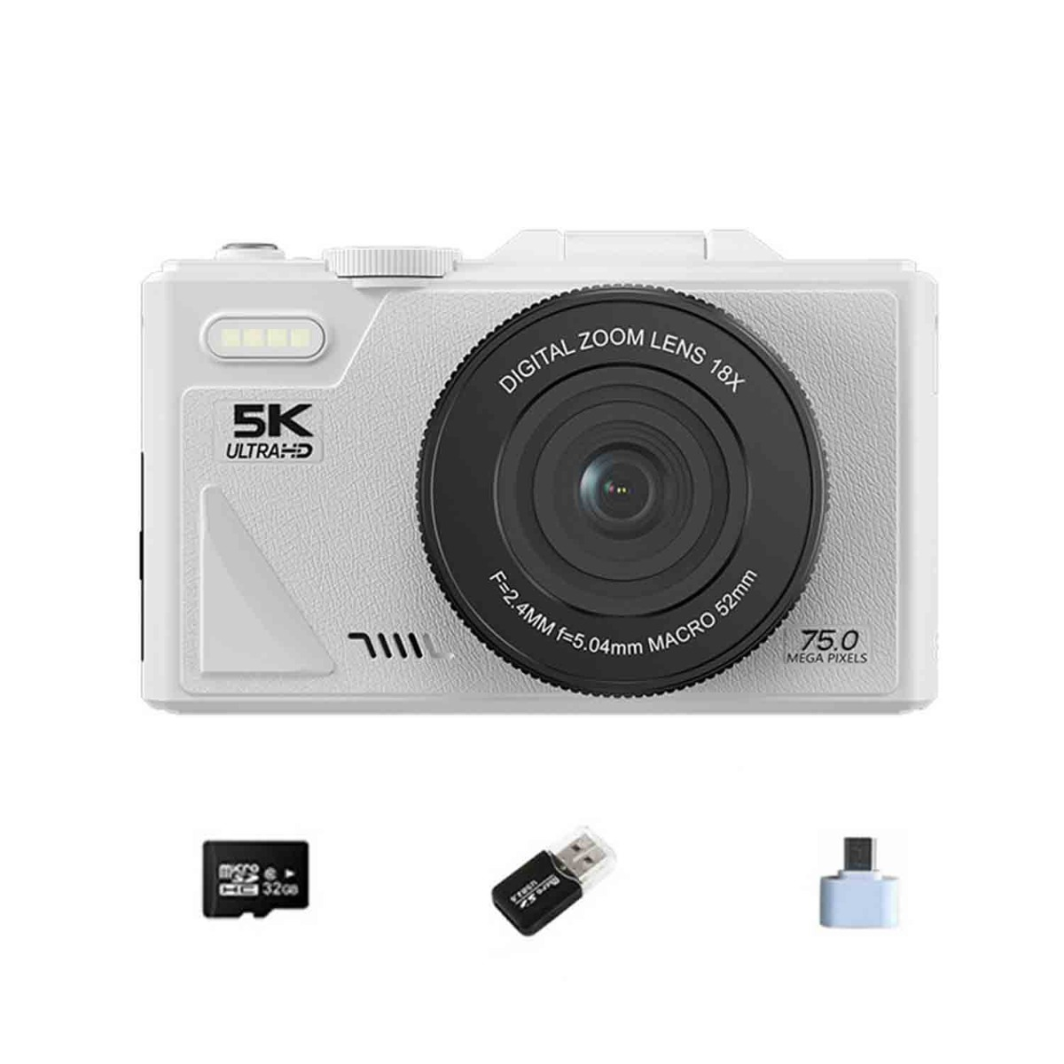 Weiße Digitalkamera mit 5K Ultra HD, 18-fachem Digitalzoom und 75 MP.