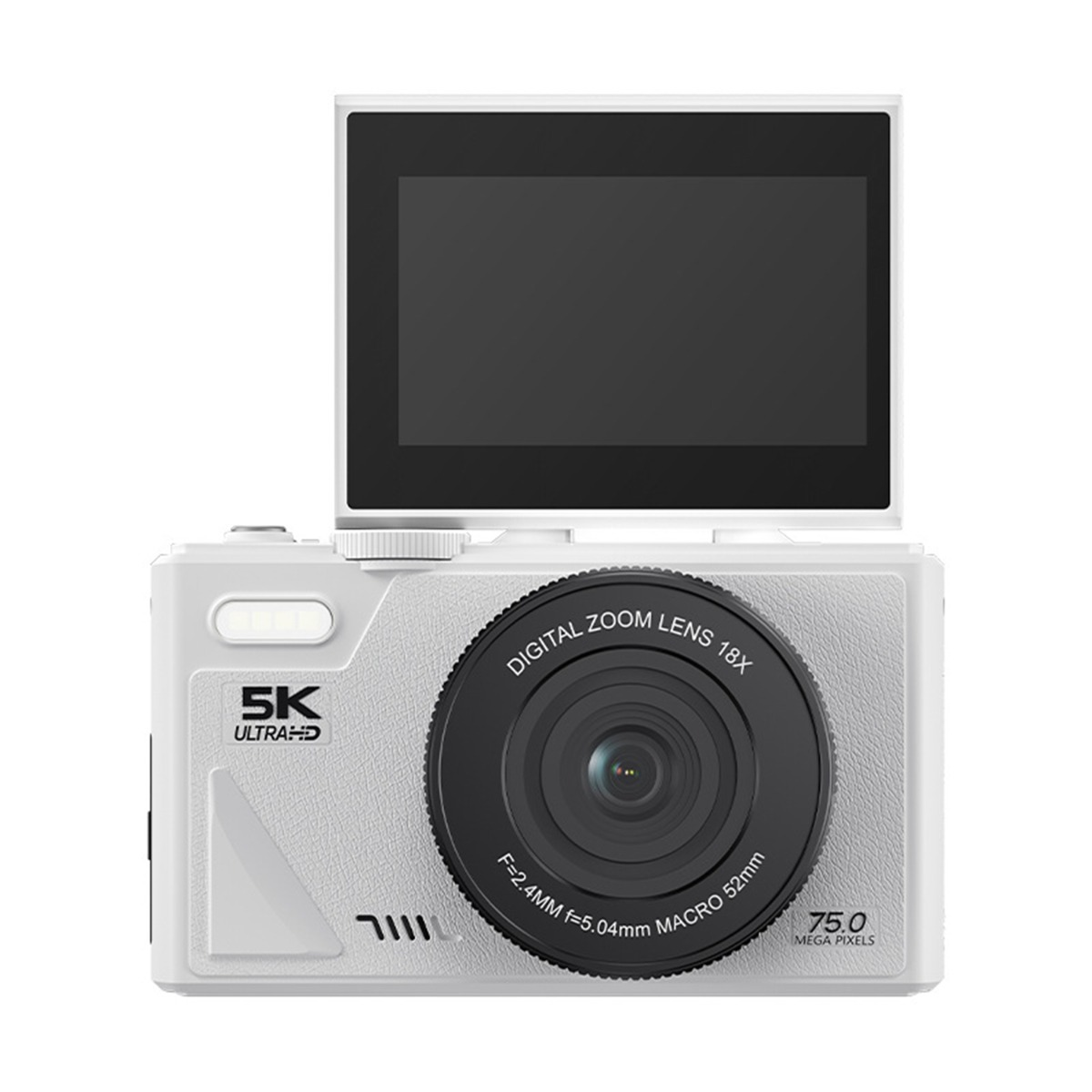 Weiße Digitalkamera mit ausklappbarem Bildschirm und 18x Zoomobjektiv.