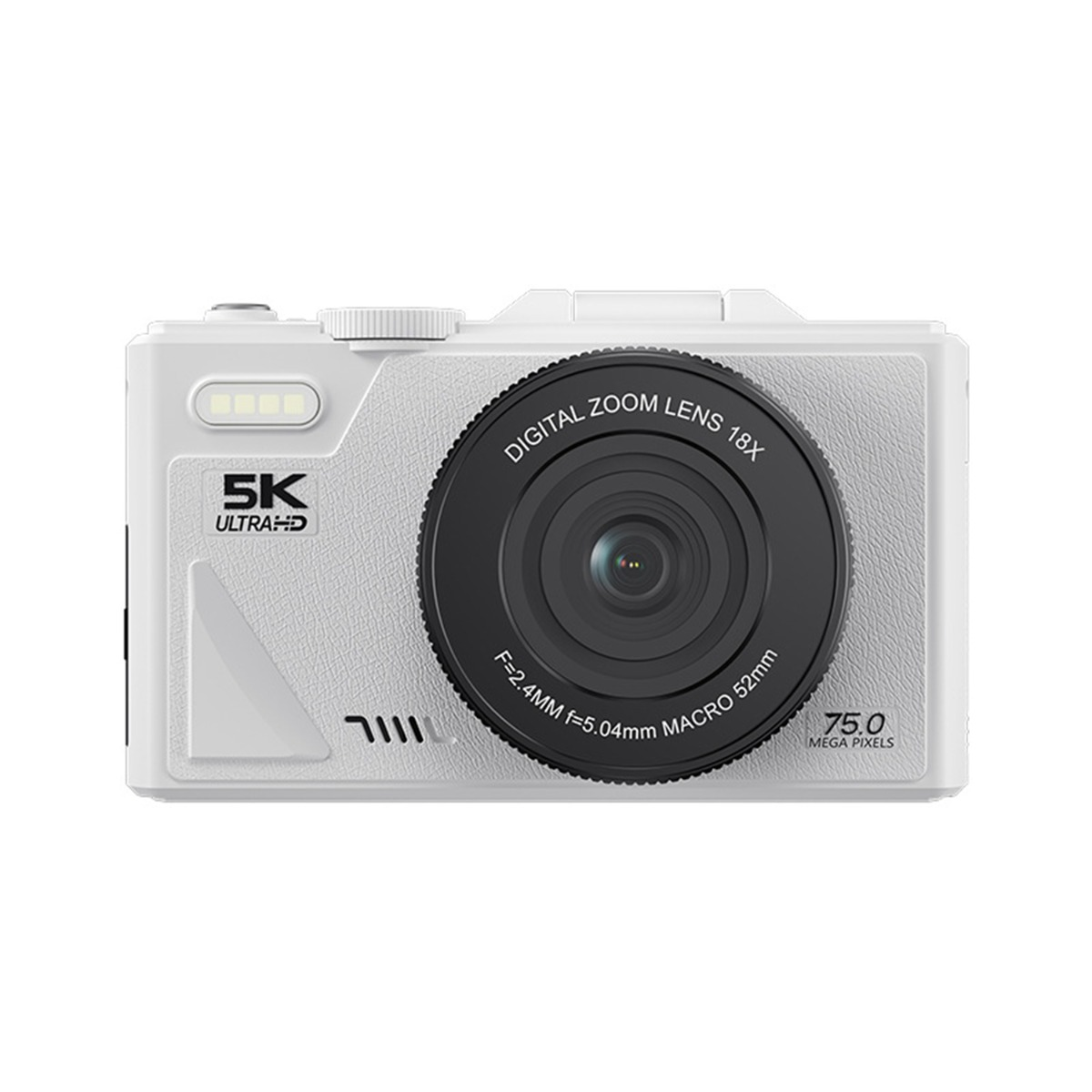 Eine weiße Digitalkamera mit 75 MP, 18-fachem Zoom und 5K Ultra HD Auflösung.