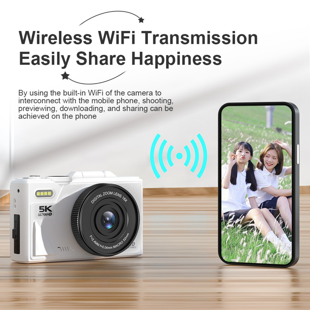 Weiße Kamera und Smartphone zeigen zwei Mädchen im Gras. WLAN-Symbol.