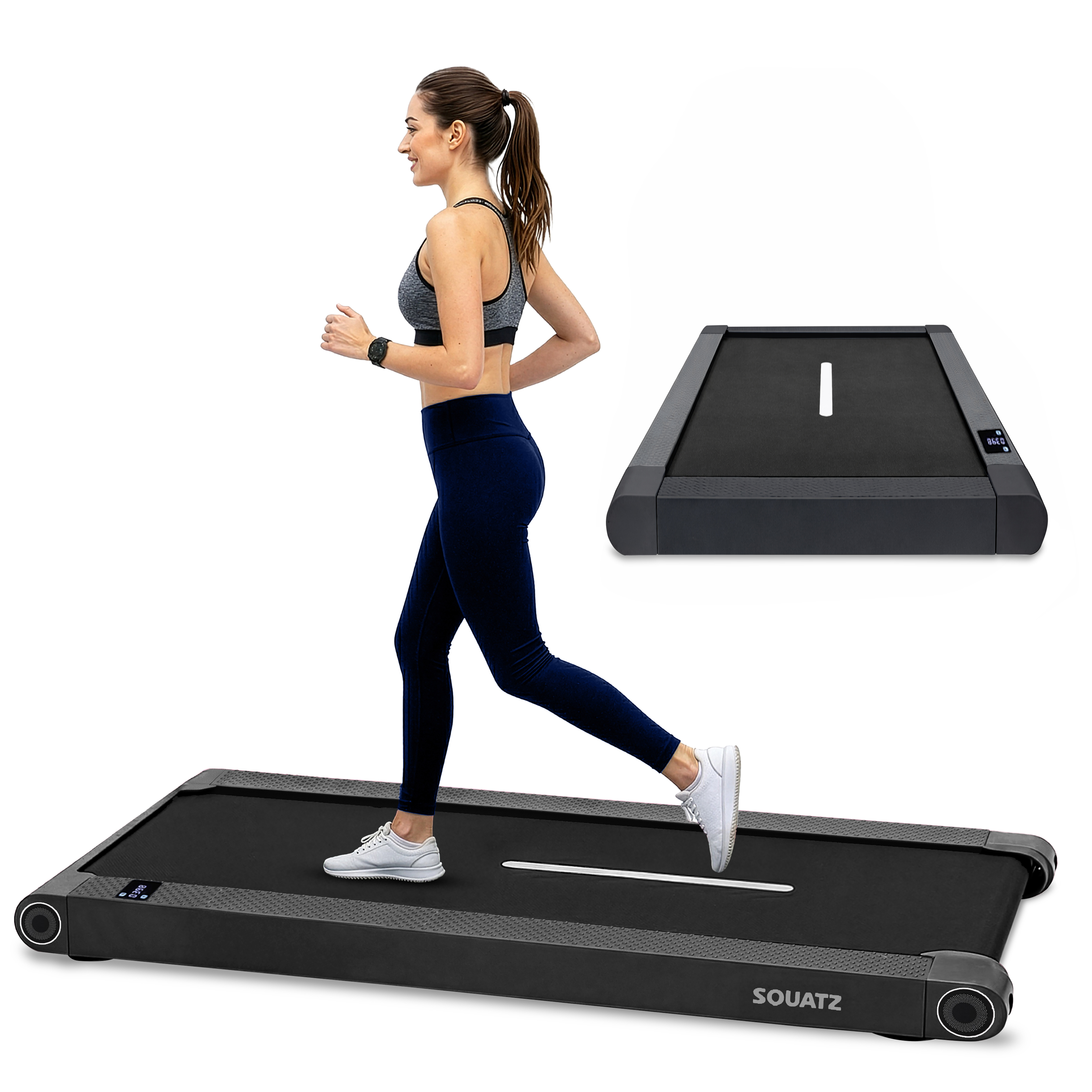 Eine Frau joggt auf einem schwarzen Laufband mit weißer Mittellinie.