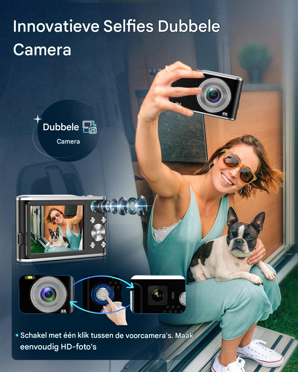Frau macht Selfie mit Hund, Kamera zeigt doppelte Objektive und 4K-Funktion.