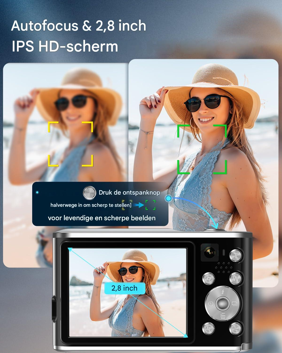 Eine Frau am Strand, mit Hut und Sonnenbrille, lächelnd in die Kamera. Autofokus-Anzeige.