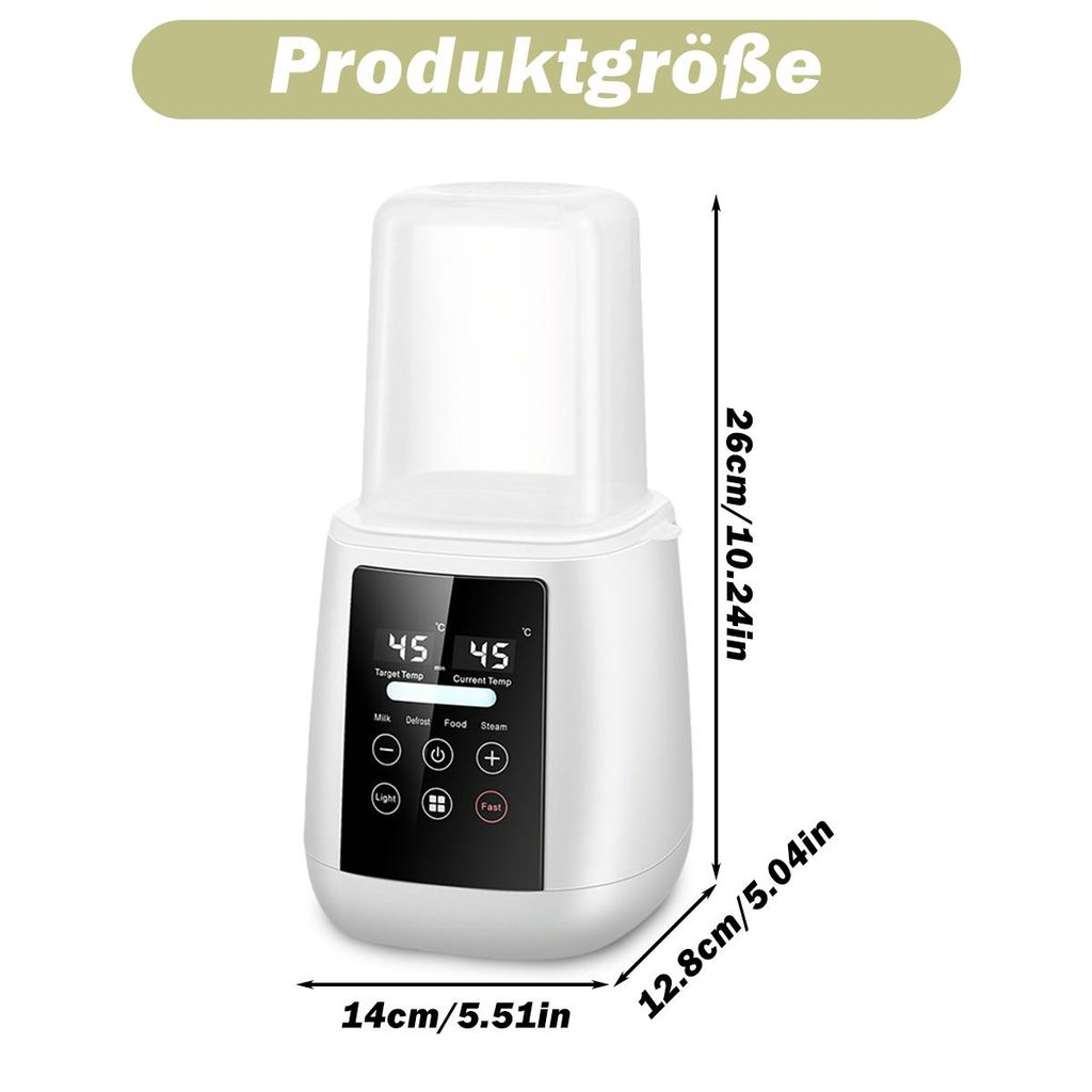Ein weißer Babyflaschenwärmer mit digitalen Anzeigen und Bedienelementen.