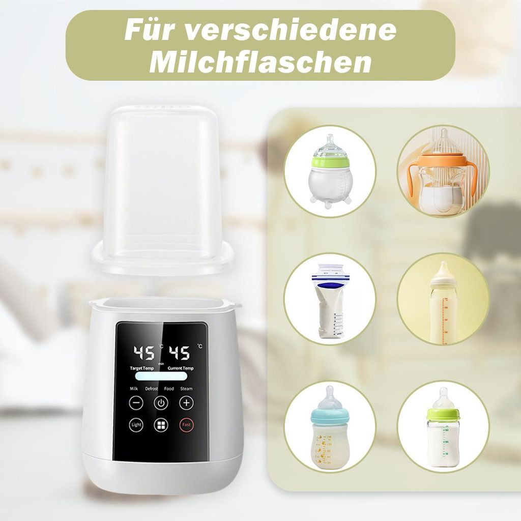 Ein Babyflaschenwärmer mit digitalem Display zeigt verschiedene Flaschen an.