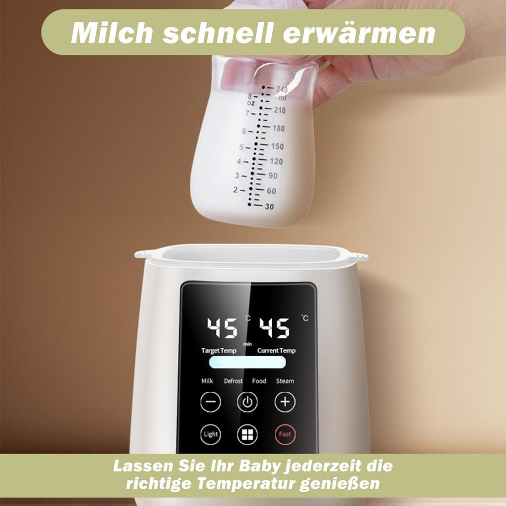 Ein Babyflaschenwärmer mit einem digitalen Display, das 45°C anzeigt.
