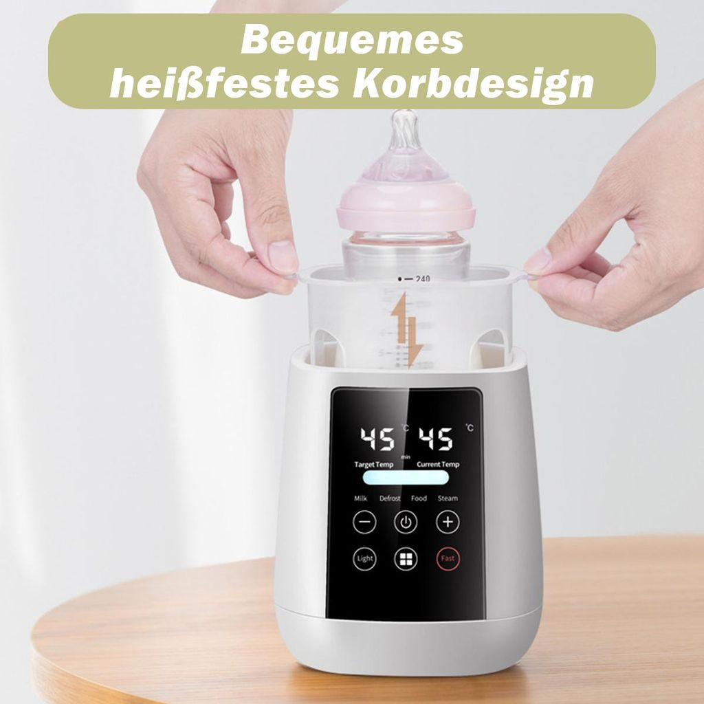 Ein Babyflaschenwärmer mit digitaler Anzeige, der eine Flasche erwärmt.