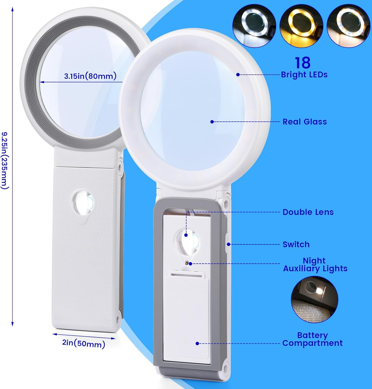 Zwei weiße Lupen mit LED-Beleuchtung, eine mit Maßen.