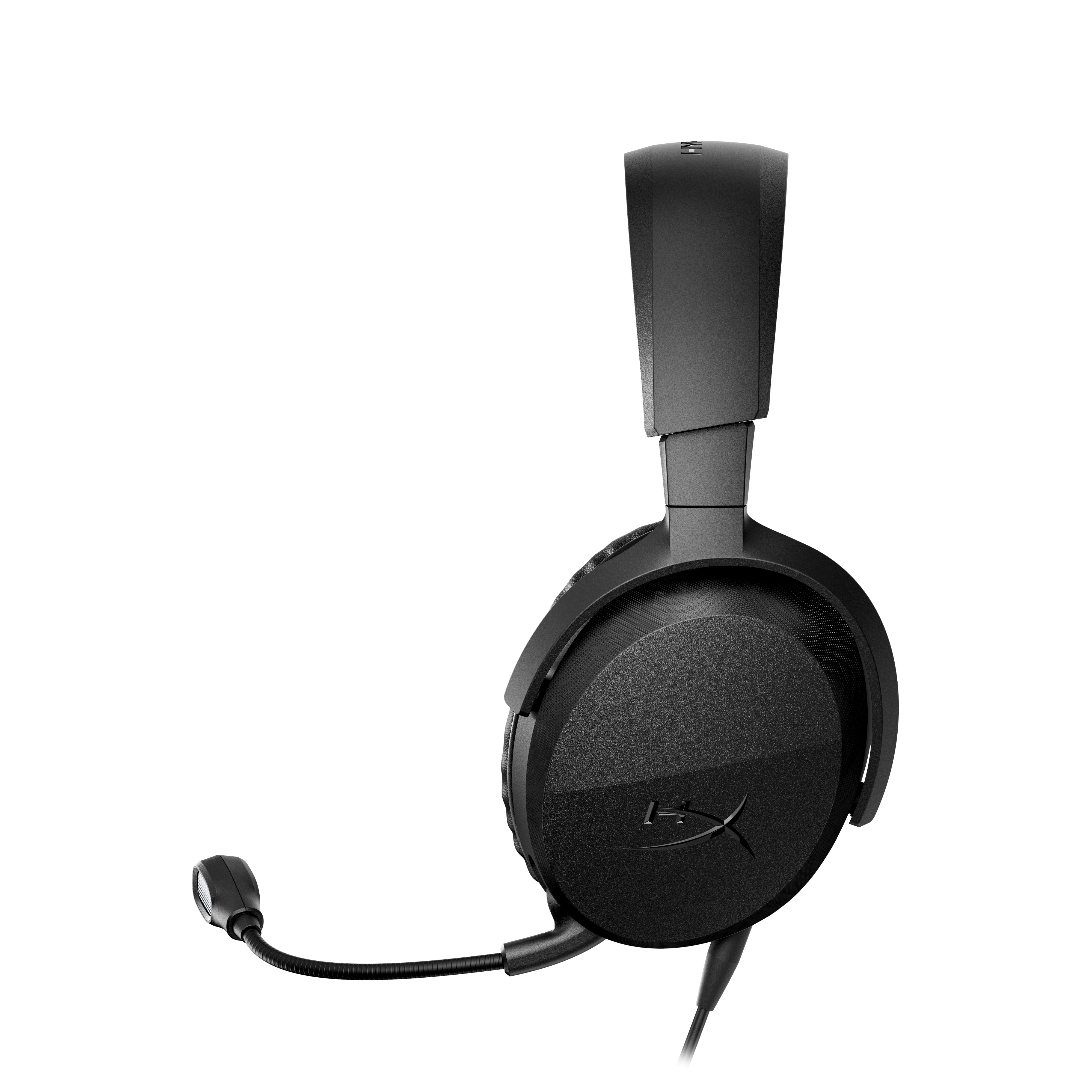 Ein schwarzes Headset mit Mikrofon auf weißem Hintergrund.
