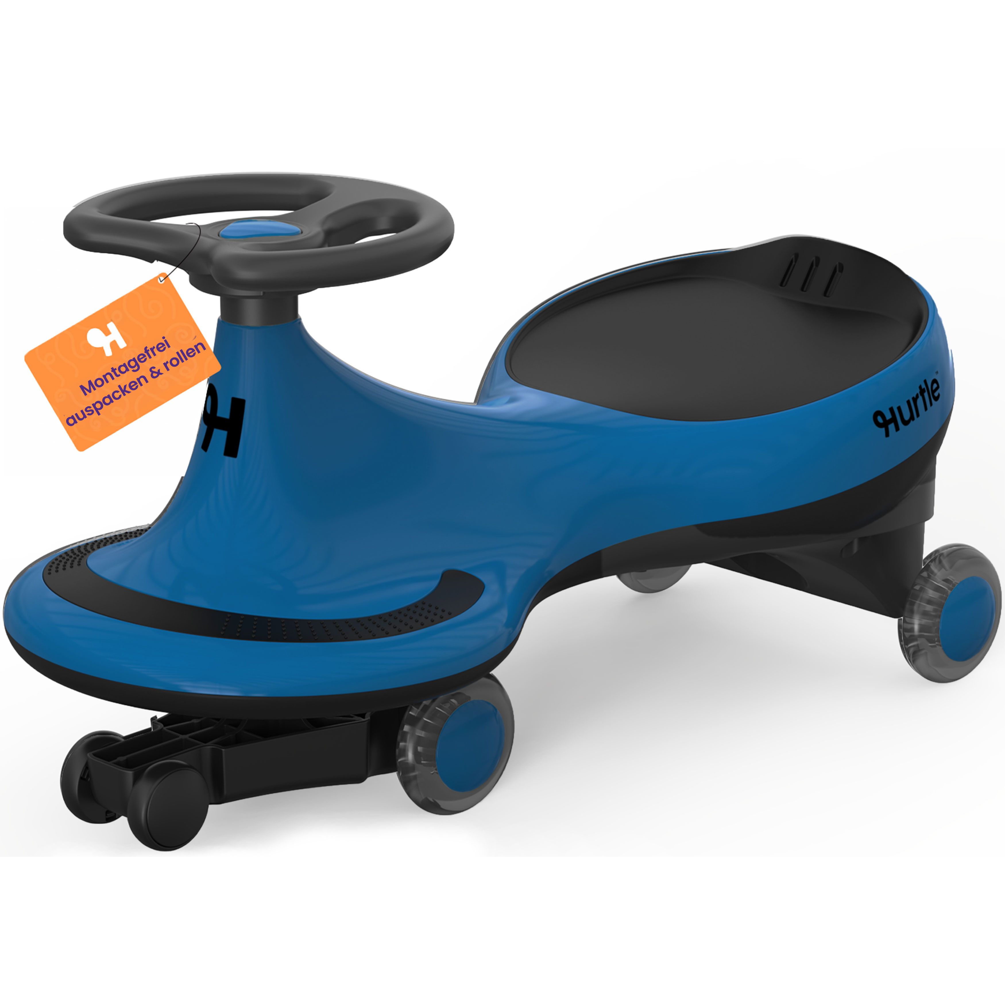 Ein blaues Gokart mit Lenkrad, Rädern und einem orangen Etikett.