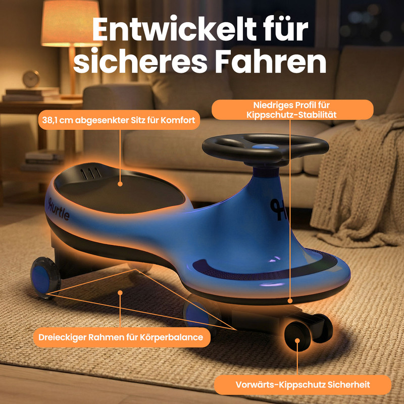 Ein blaues Kinderfahrzeug mit Lenkrad steht auf einem Teppich. Text über Sicherheit.