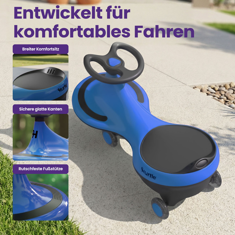 Ein blaues Kinderfahrzeug mit schwarzem Lenkrad und Sitz.