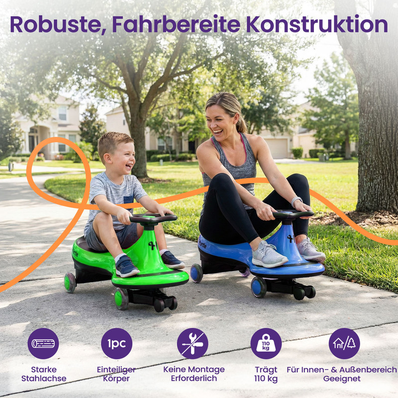 Frau und Kind fahren bunte Kinderfahrzeuge im Freien.