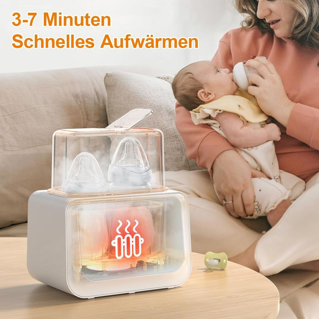 Ein Babyflaschenwärmer mit zwei Flaschen und Dampf neben einer Mutter, die ein Baby füttert.