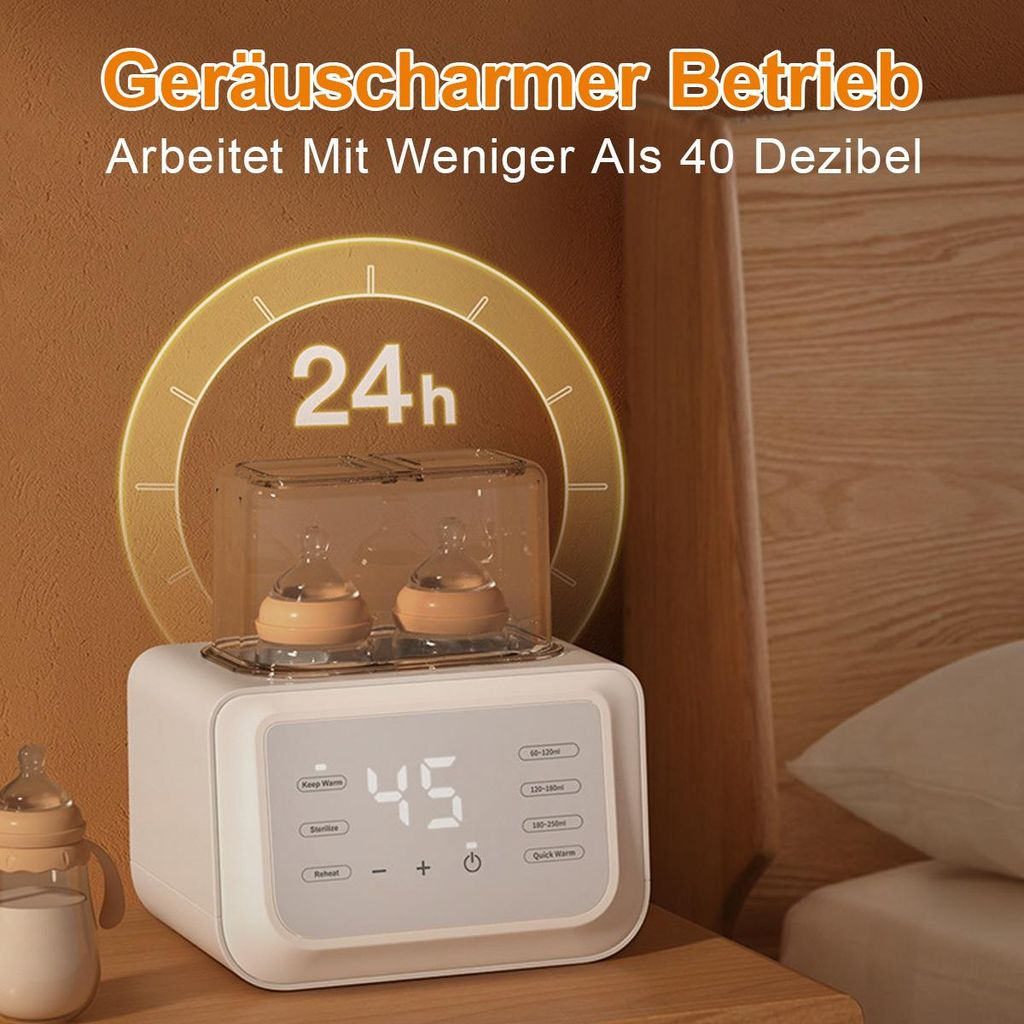 Ein weißer Flaschenwärmer mit zwei Flaschen, der 24h leise arbeitet.