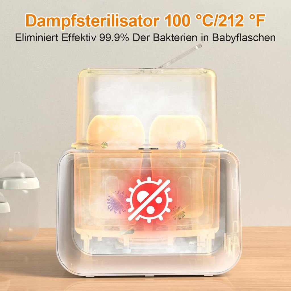 Ein Dampfsterilisator für Babyflaschen bei 100°C tötet 99,9% der Bakterien ab.