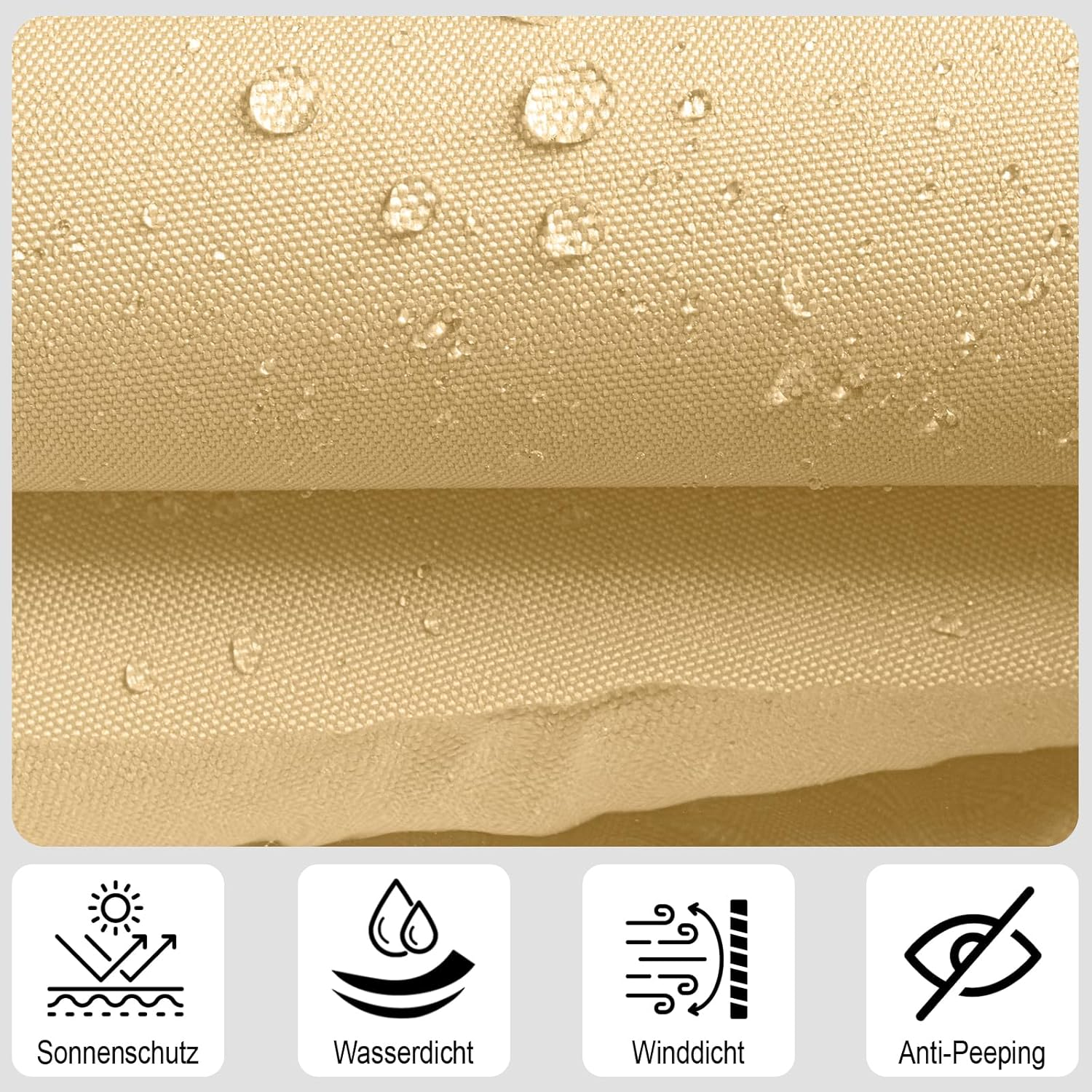 Beigefarbener Stoff mit Wassertropfen, vier Icons: Sonnenschutz, Wasserdicht, Winddicht, Sichtschutz.