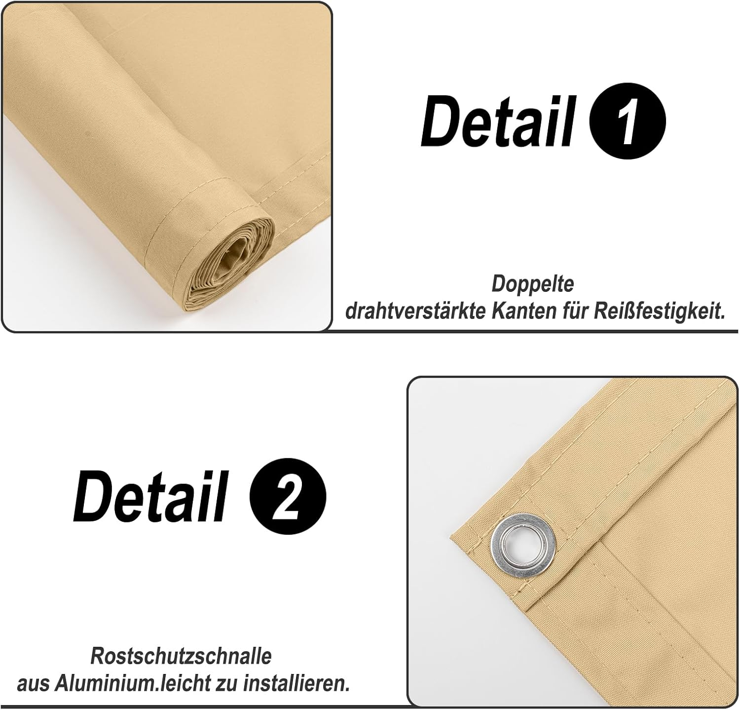Detail 1 zeigt doppelte, drahtverstärkte Kanten. Detail 2 zeigt eine Öse.