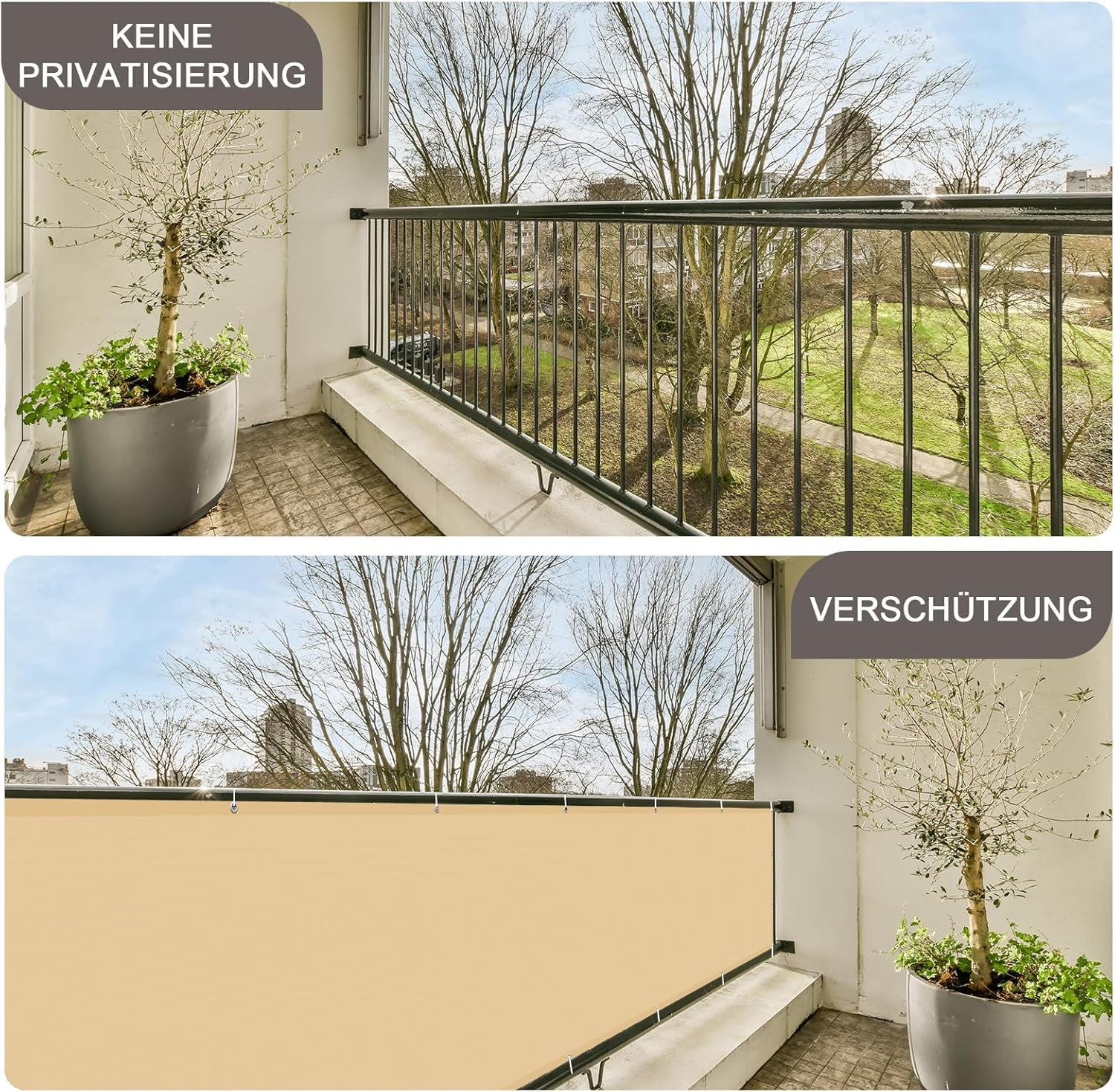 Balkon mit Pflanze oben, unten mit Sichtschutzplane und Pflanze.