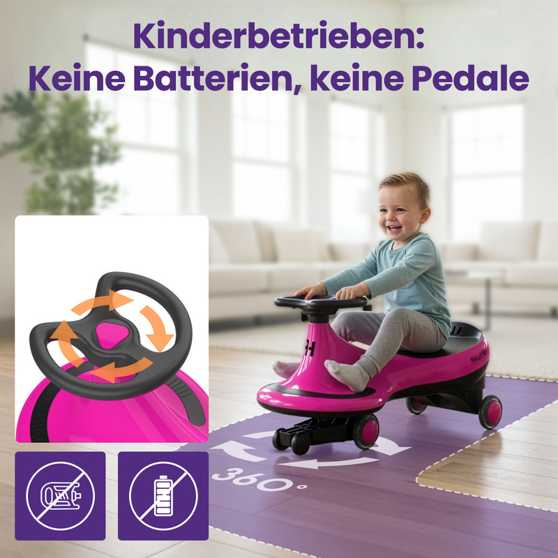 Ein lächelndes Baby fährt ein pinkes Wackelauto in einem Wohnzimmer.