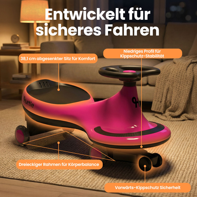 Ein pinkes Kinderfahrzeug mit niedrigem Profil für Stabilität.