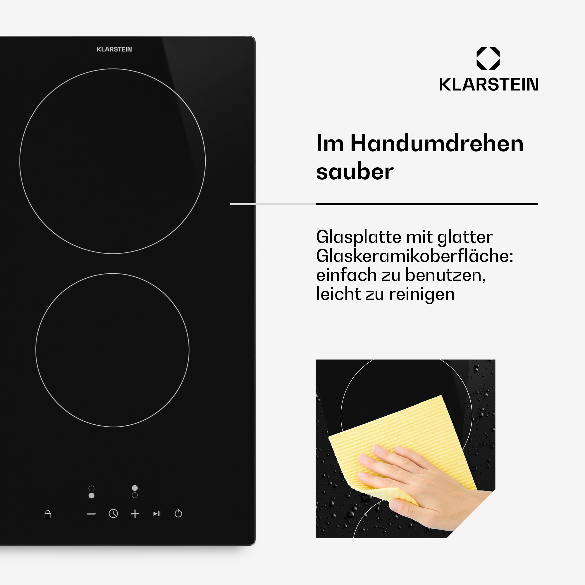 Schwarze Glaskeramik-Kochplatte mit zwei Kochzonen, wird gereinigt.