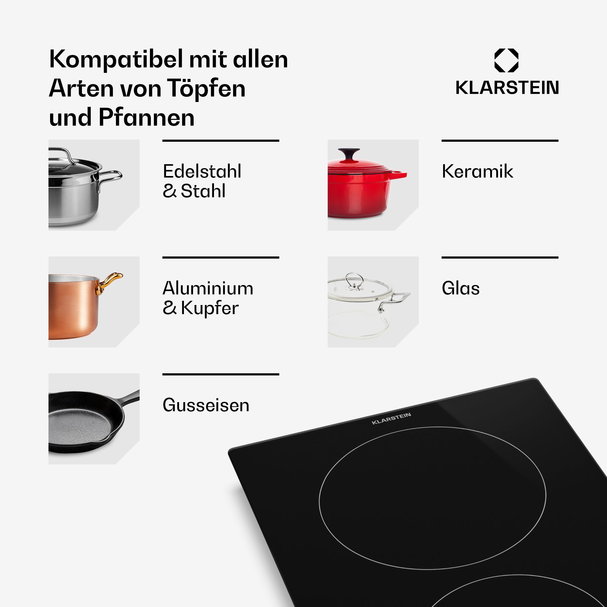 Klarstein Induktionskochfeld mit Töpfen aus Edelstahl, Kupfer, Gusseisen, Keramik und Glas.
