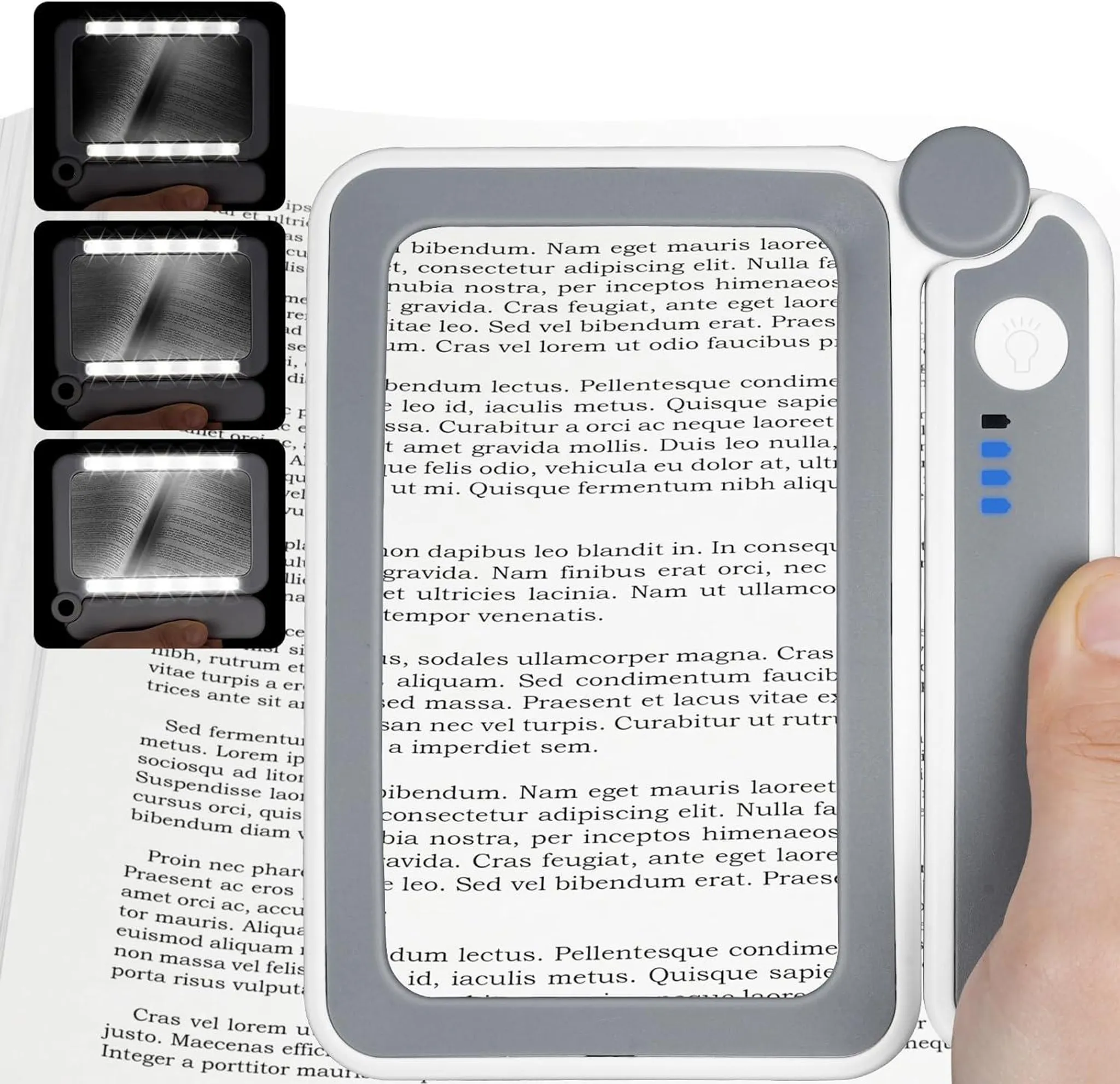 Lupe mit LED-Beleuchtung wird über einem Buch gehalten, das aufgeschlagen ist.
