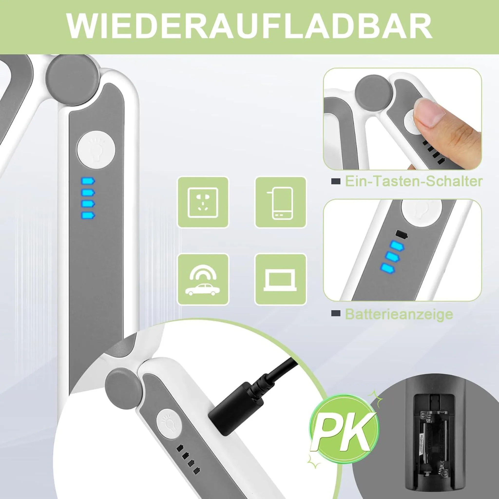 Wiederaufladbar: Ein-Tasten-Schalter & Batterieanzeige mit Symbolen.