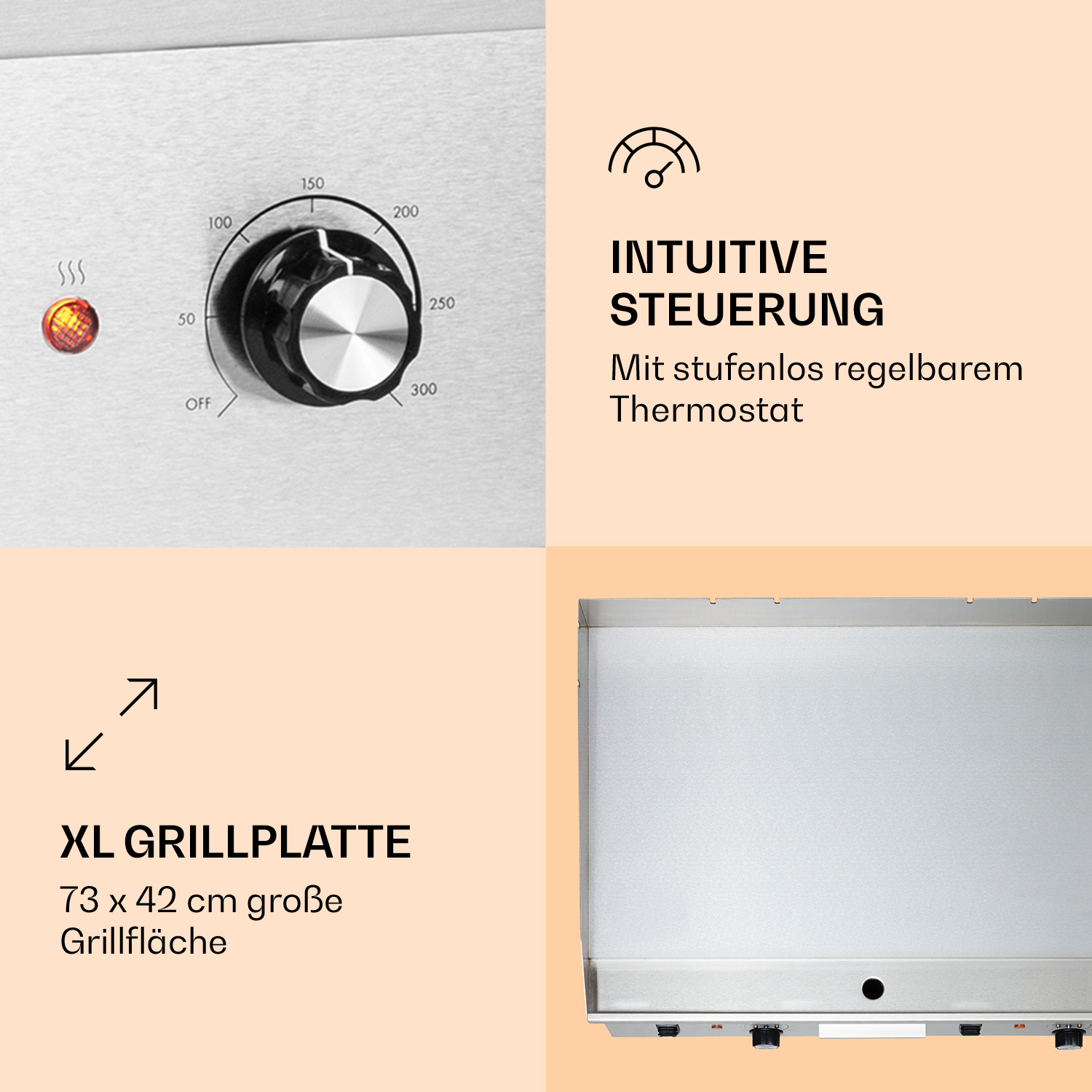 Ein Grill mit stufenlosem Thermostat und XL Grillfläche (73x42 cm).