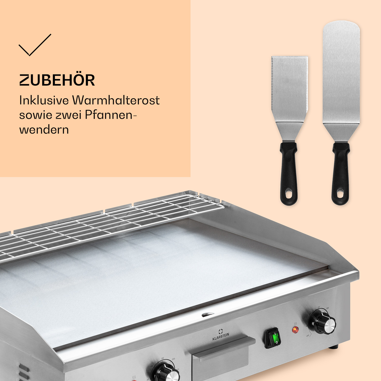 Edelstahl-Grillplatte mit Warmhalterost und zwei Pfannenwendern.