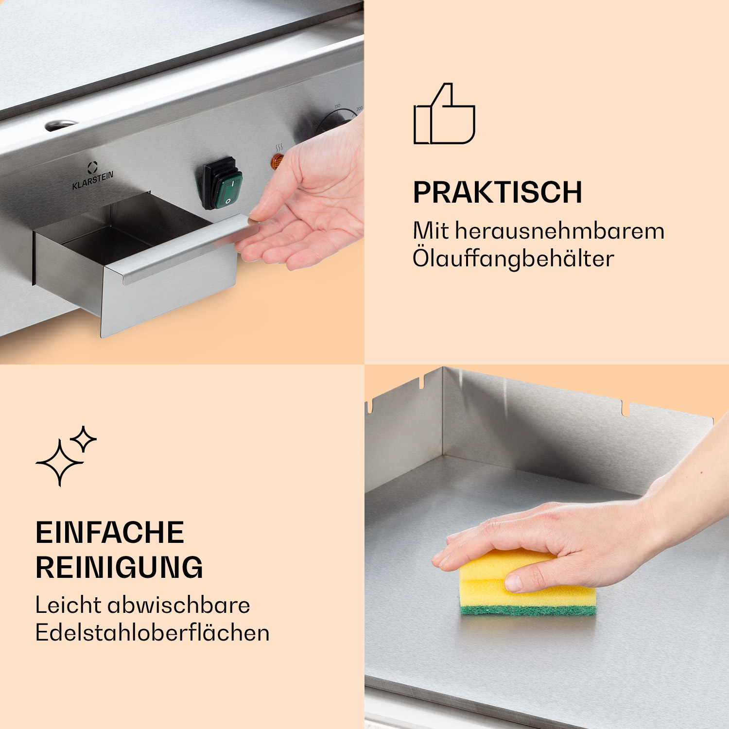 Hand zieht ausziehbaren Ölauffangbehälter; Hand reinigt Oberfläche mit Schwamm.