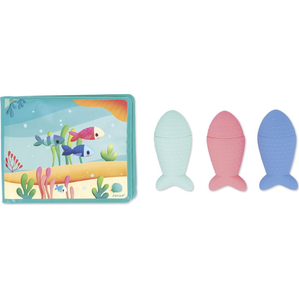 Unterwasser-Buch mit Fischen und drei Fisch-Spielzeugen in Blau, Rosa und Mintgrün.