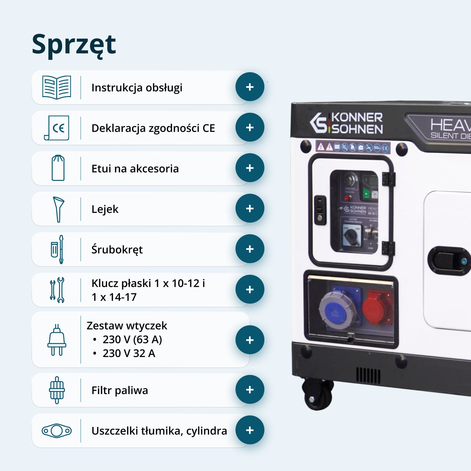 Elenco attrezzatura con manuale, dichiarazione CE, custodia accessori, imbuto, cacciavite, chiave e prese.