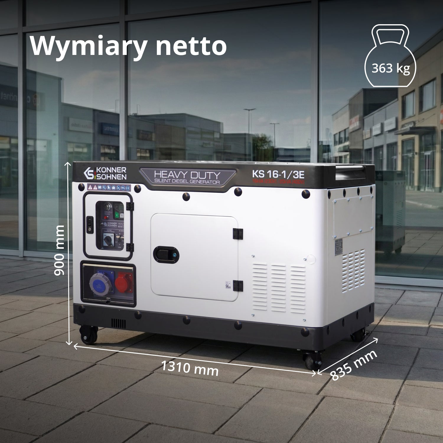Un generatore diesel bianco con ruote, 363 kg, dimensioni 1310x835x900 mm.
