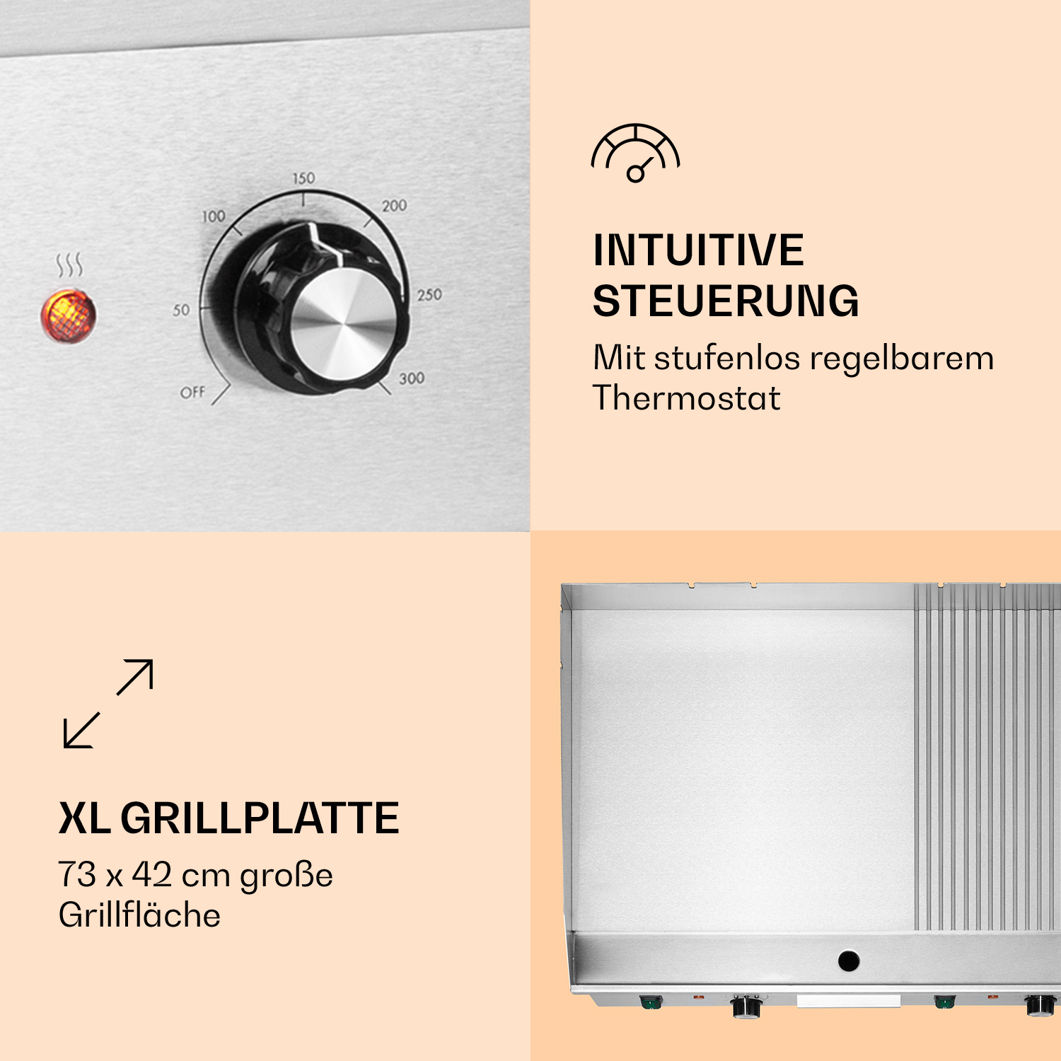 Edelstahl-Grillplatte mit Temperaturregler und Leistungsanzeige.