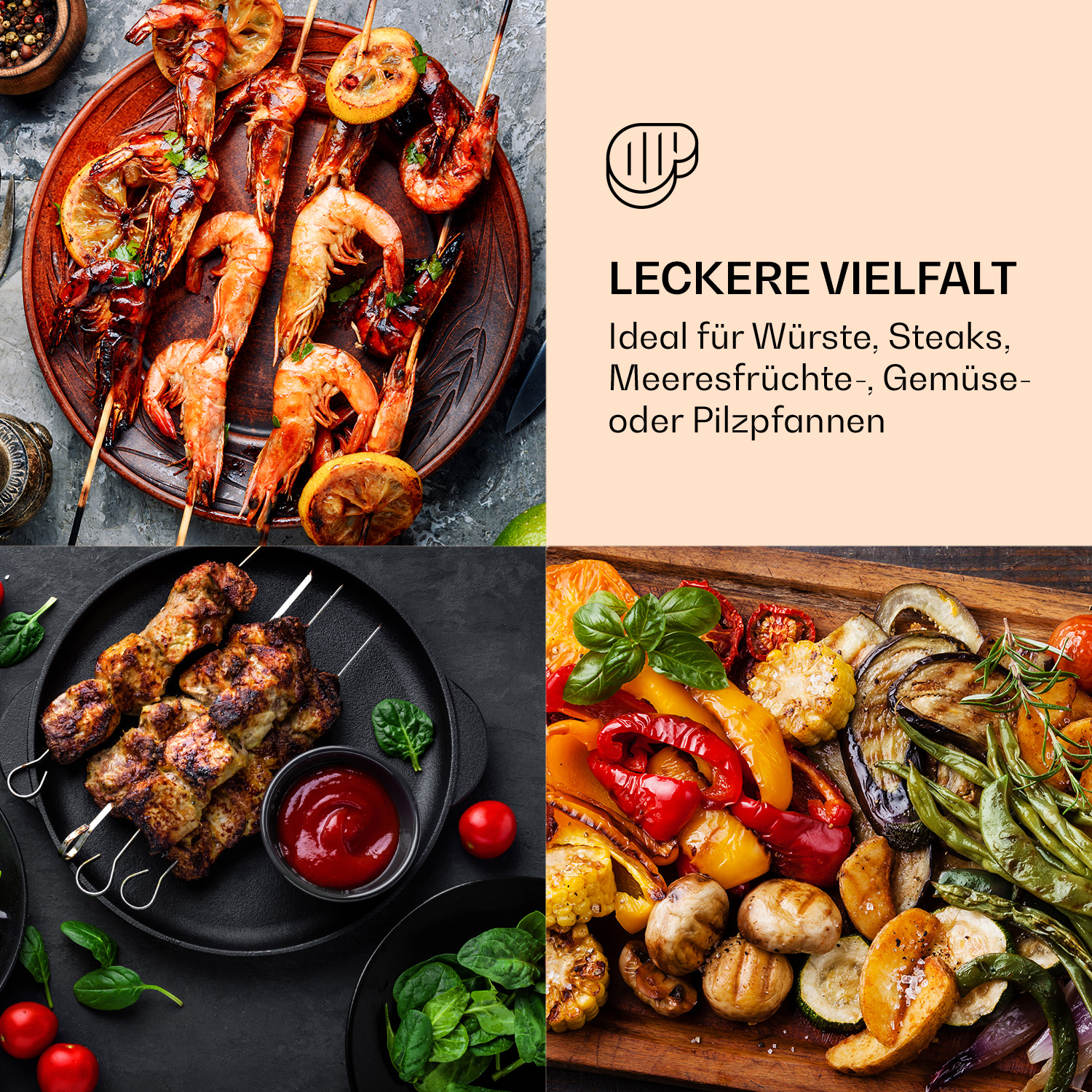 Gegrillte Garnelen, Fleischspieße, gebratenes Gemüse und Salat.